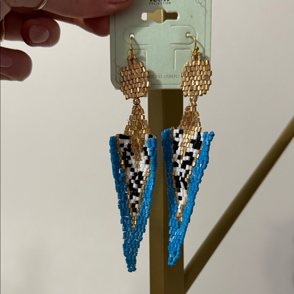 Gold and Blue Beaded Earrings